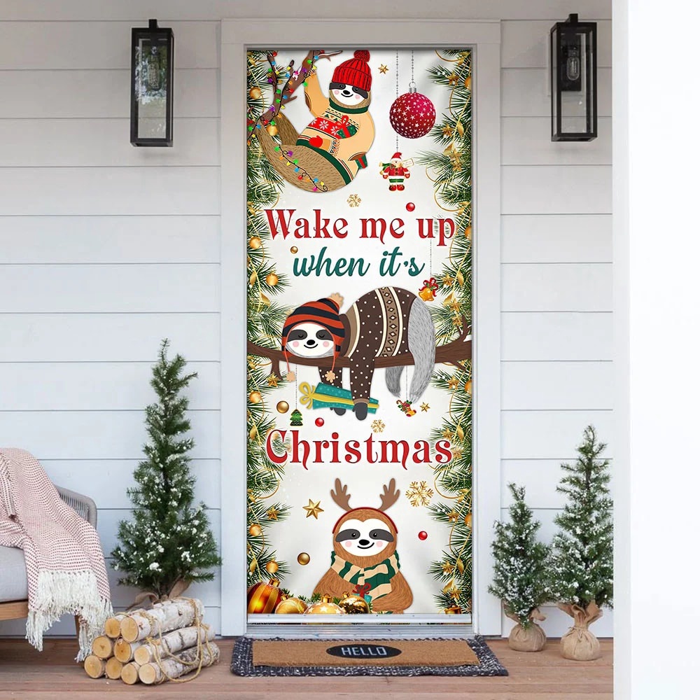 Allleftout Wake Me Up When It Christmas Door Cover, Sloth Door Cover, Unique Gifts Doorcover, Christmas Gift