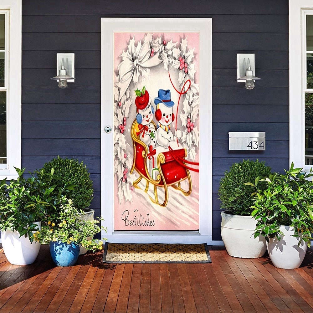 Allleftout Snowman Sleigh Ride Door Cover, Christmas Door Covers, Christmas Gift For Family, Christmas Gift