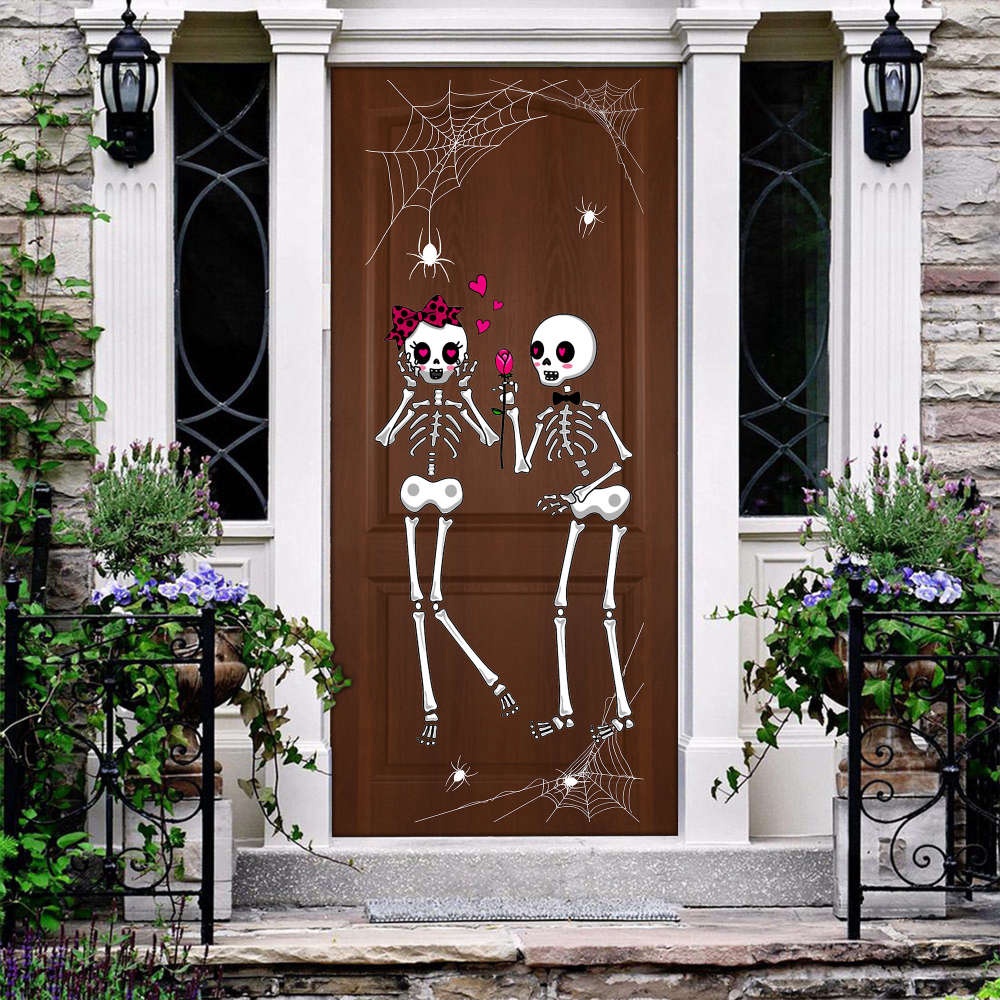Allleftout Spooky Skull Couple Door Cover Enhance Halloween Decor With This Unique Door Accessory, Christmas Gift