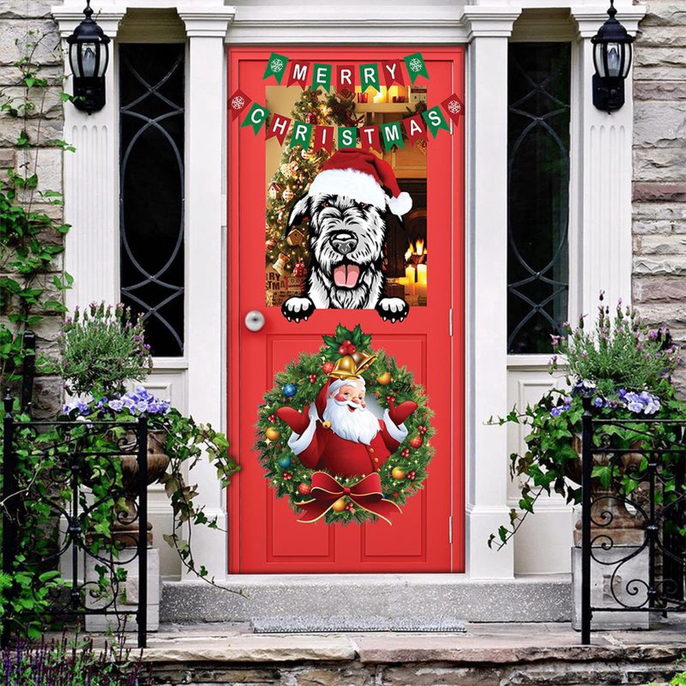 Allleftout Irish Wolfhound Dog Door Cover Merry Christmas Santa Claus Wreath Fbhue240803, Christmas Gift