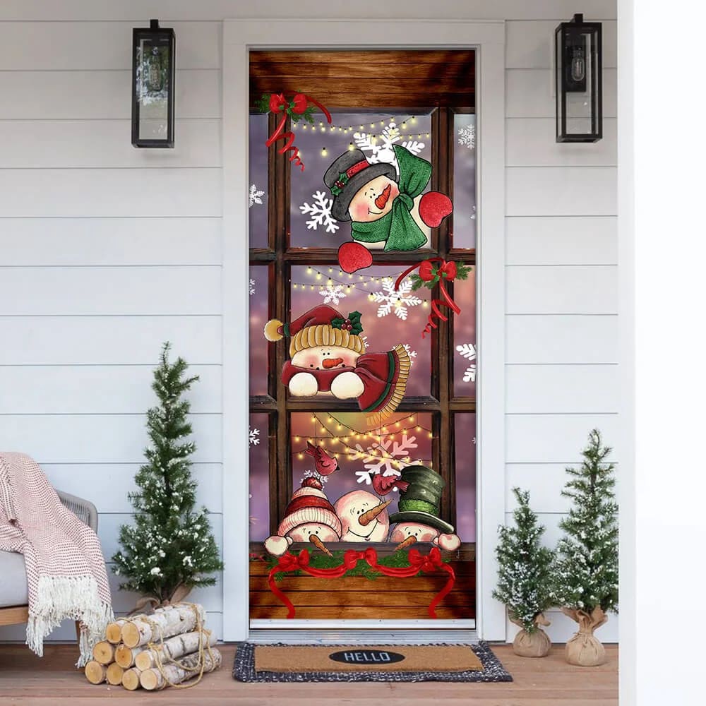Allleftout Happy Three Snowmen Door Cover, Door Christmas Cover, Christmas Outdoor Decoration, Unique Gifts Doorcover, Christmas Gift