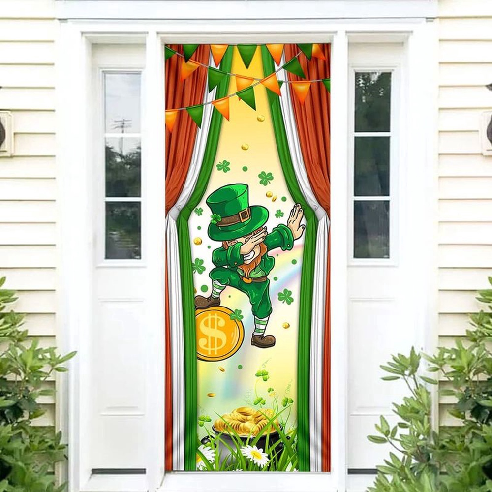 Allleftout Happy St Patrick Day Leprechaun Dabbing Door Cover Lucky Pot Of Coin, Christmas Gift