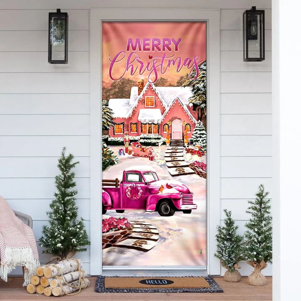Allleftout Happy Pink Christmas Door Cover, Door Christmas Cover, Christmas Outdoor Decoration, Unique Gifts Doorcover, Christmas Gift