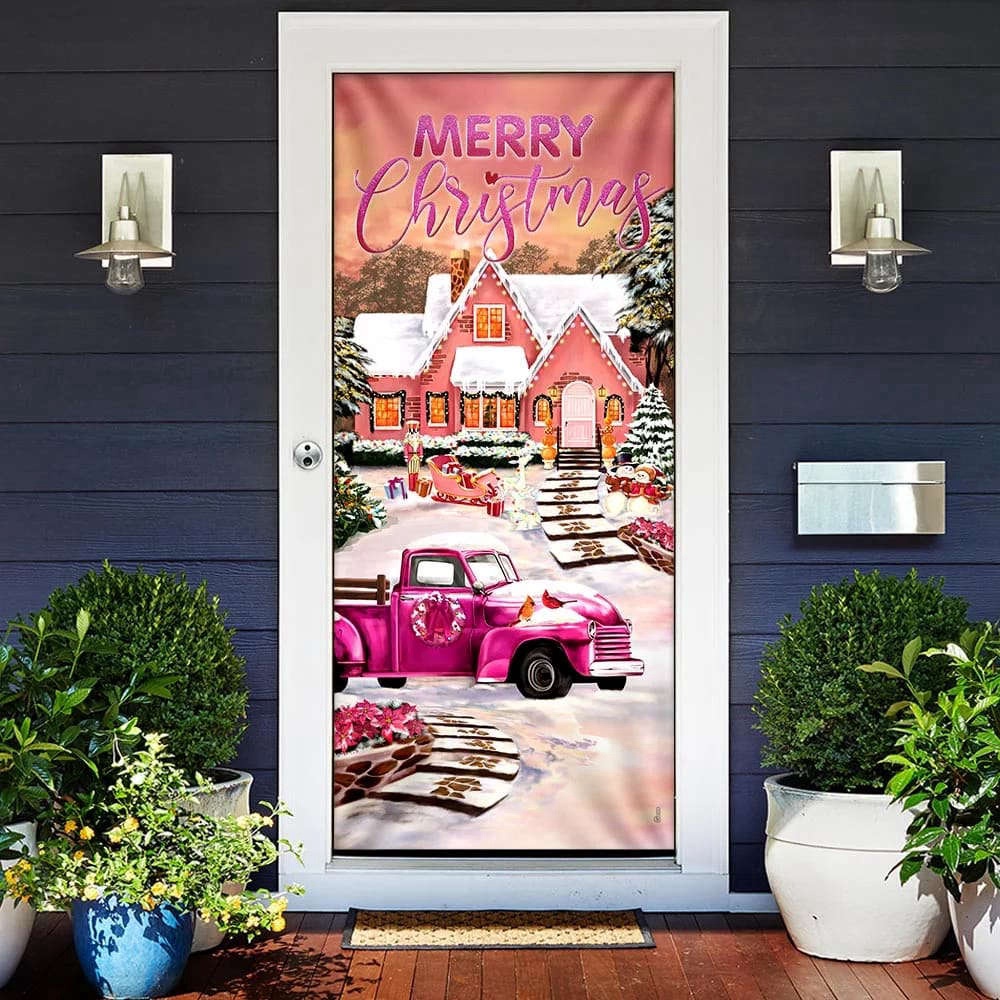 Allleftout Happy Pink Christmas Door Cover, Door Christmas Cover, Christmas Outdoor Decoration, Christmas Gift