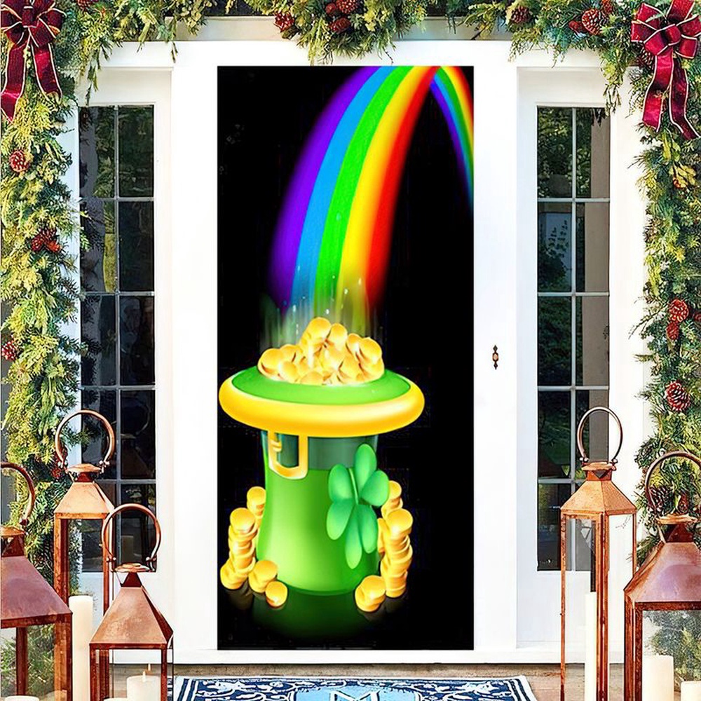 Allleftout Hat Full Of Gold At The End Of Rainbow Door Cover Happy Patrick Day Gift, Christmas Gift