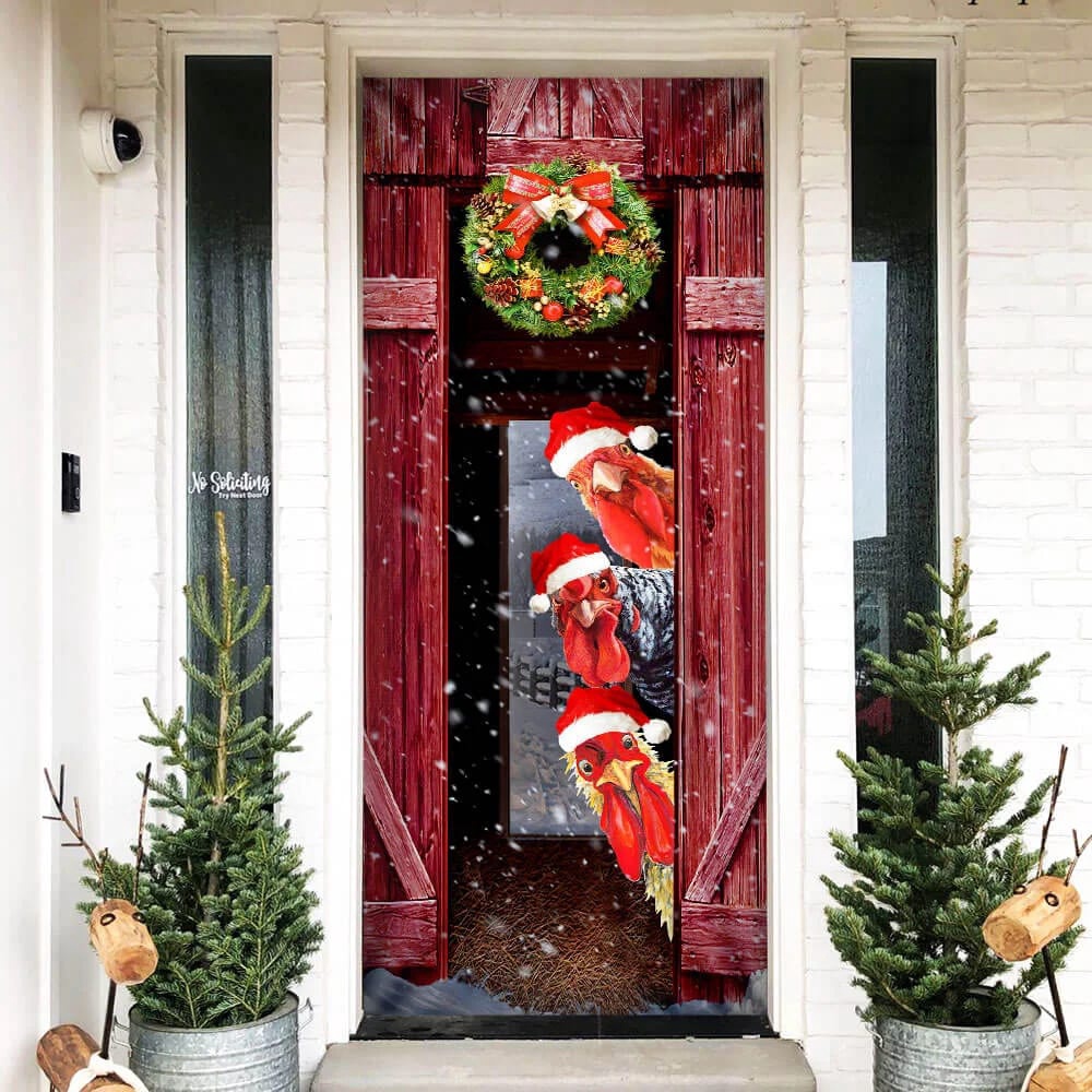 Allleftout Funny Rooster Chicken Merry Christmas Door Cover, Unique Gifts Doorcover, Christmas Gift