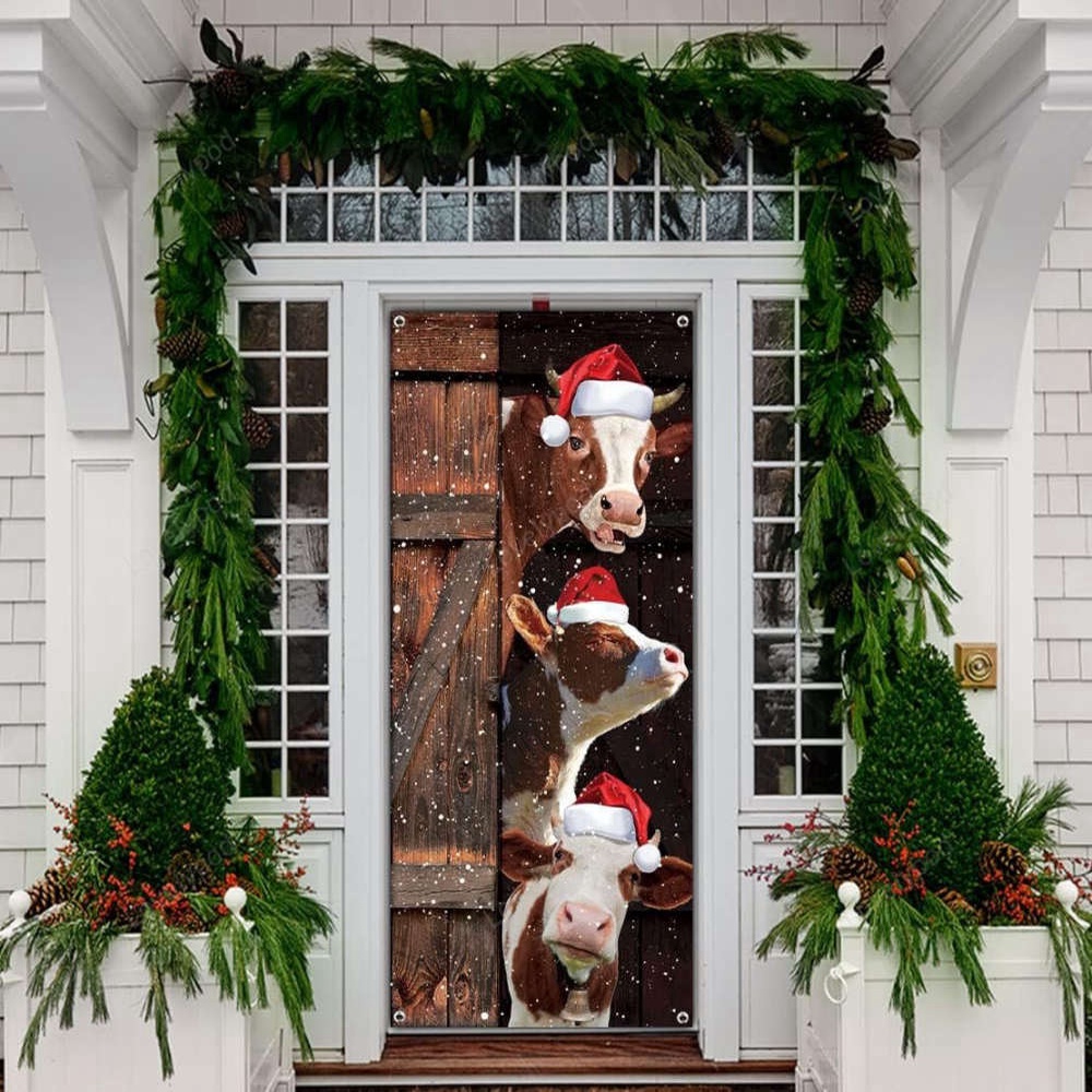 Allleftout Funny Cows Merry Christmas Door Cover, Festive Santa Cow Sign, Christmas Gift