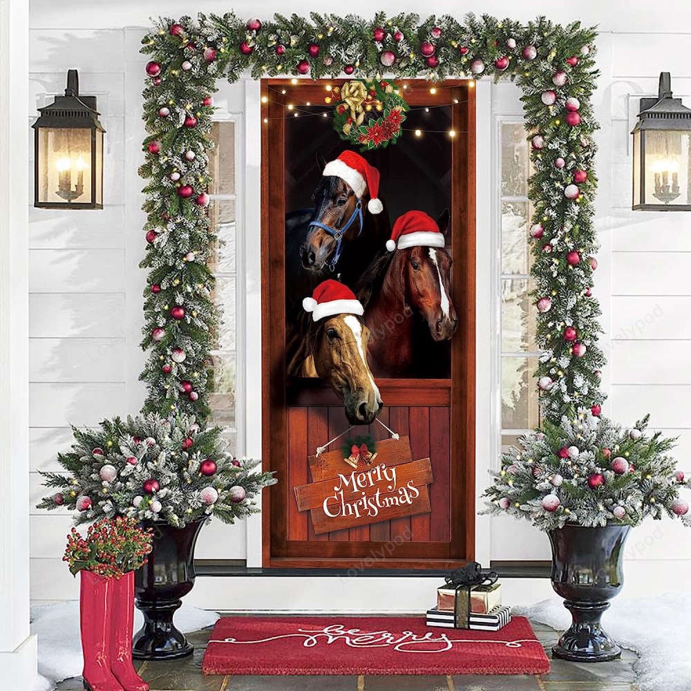 Allleftout Funny Horses Merry Christmas Door Cover Decoration, Farmhouse Santa Horses Door, Christmas Gift