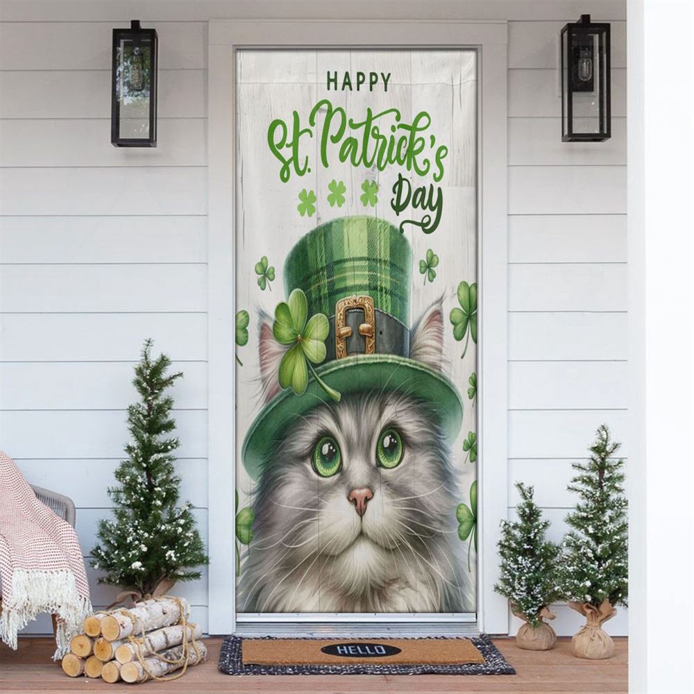 Allleftout St Patrick Day Cat Door Cover, Cat Inside The Money Jar, St Patrick Day Door Cover, St Patrick Day Door Decor