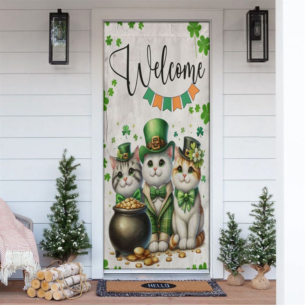 Allleftout St Patrick Day Cat Door Cover, Welcome Cat Clovers, St Patrick Day Door Cover, St Patrick Day Door Decor