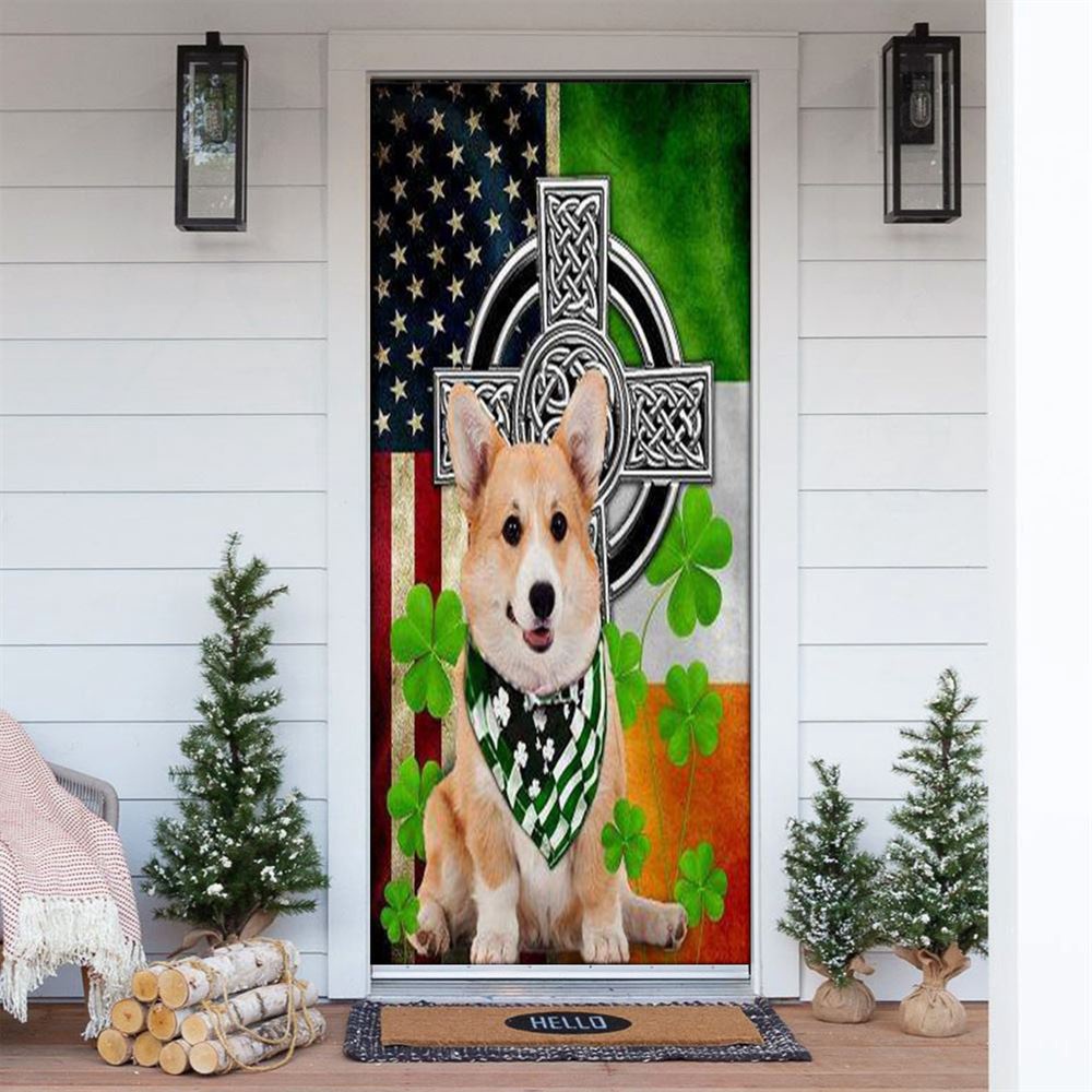 Allleftout St Patrick Day Corgi Irish Cross Door Cover, St Patrick Day Door Cover, St Patrick Day Door Decor