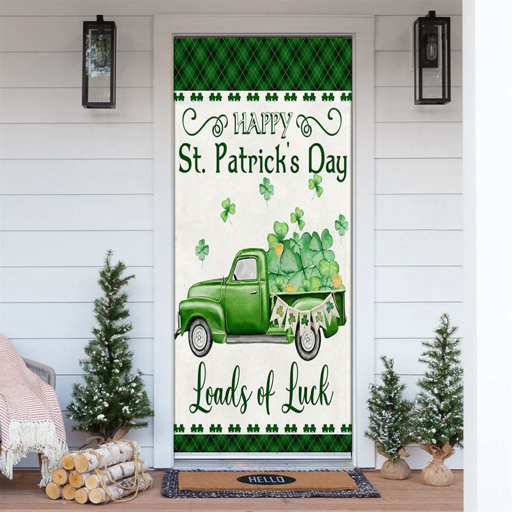 Allleftout Happy St Patrick Day Green Truck Loads Of Luck Door Cover, St Patrick Day Door Cover, St Patrick Day Door Decor