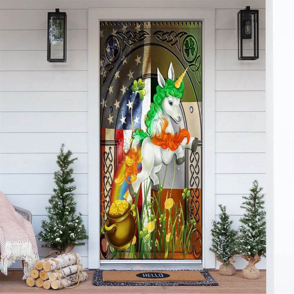 Allleftout Happy St Patrick Day Irish American Unicorn Door Cover, St Patrick Day Door Cover, St Patrick Day Door Decor