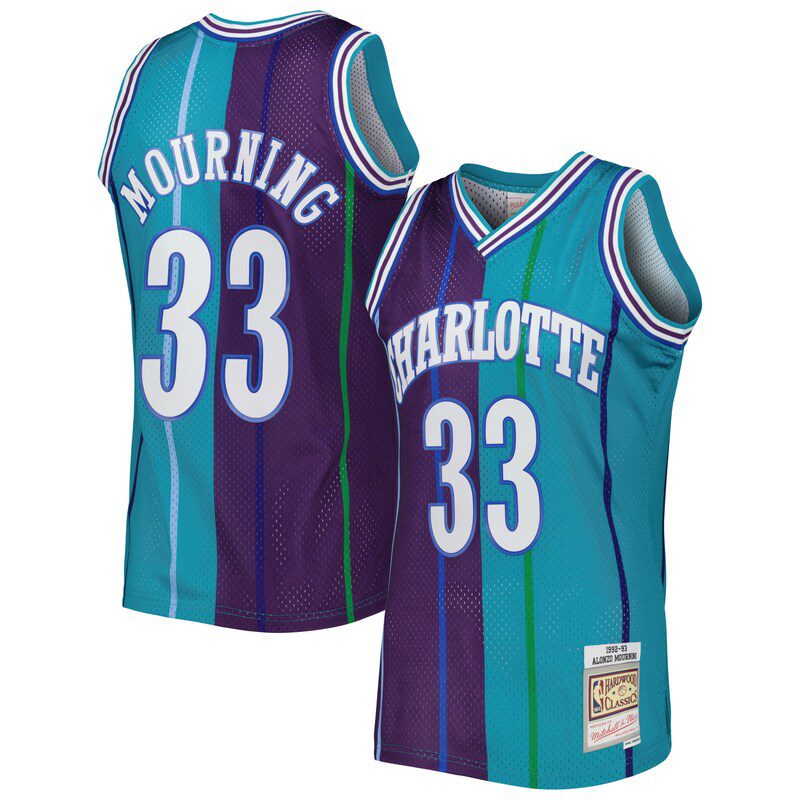 Alonzo Mourning Charlotte Hornets Hardwood Classics 1992/93 Split Swingman Jersey – Teal/Purple