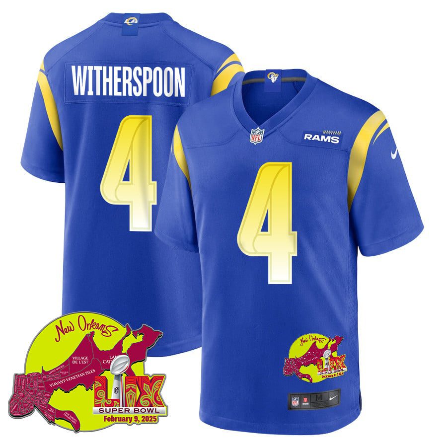 NFL Ahkello Witherspoon 4 Los Angeles Rams Super Bowl LIX New Orleans Patch Game Men Jersey – Royal
