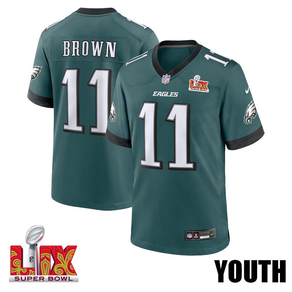 NFL A.J. Brown #11 Philadelphia Eagles Super Bowl LIX Youth Jersey – Midnight Green