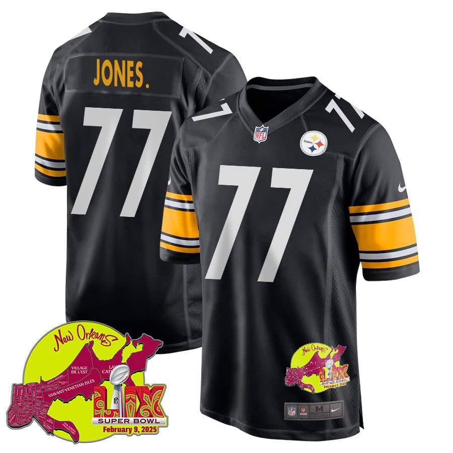 NFL Broderick Jones 77 Pittsburgh Steelers Super Bowl LIX New Orleans Patch Game Men Jersey – Black