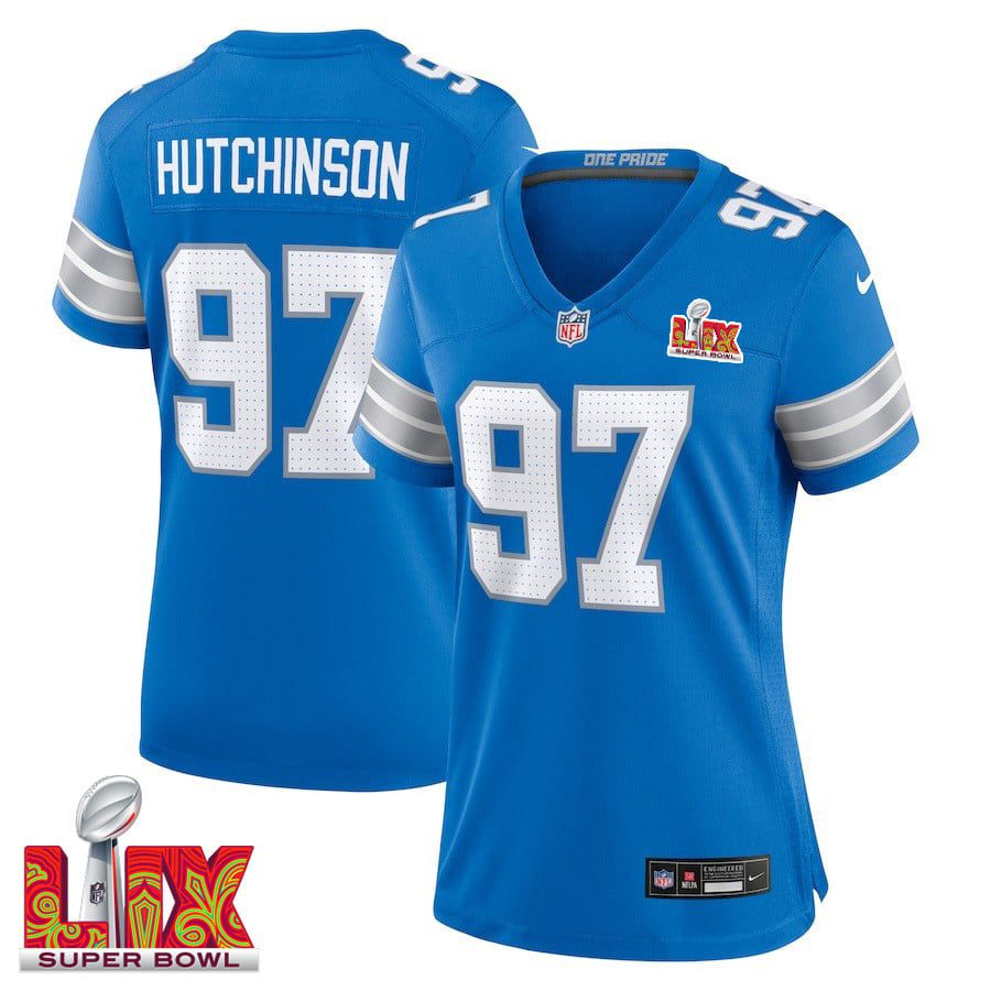 NFL Aidan Hutchinson #97 Detroit Lions Super Bowl LIX Women’s Jersey – Blue