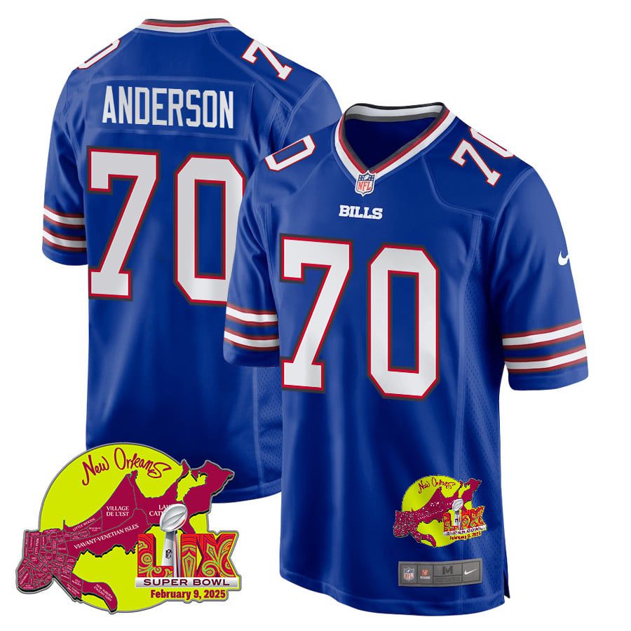 NFL Alec Anderson 70 Buffalo Bills Super Bowl LIX New Orleans Patch Game Men Jersey – Royal