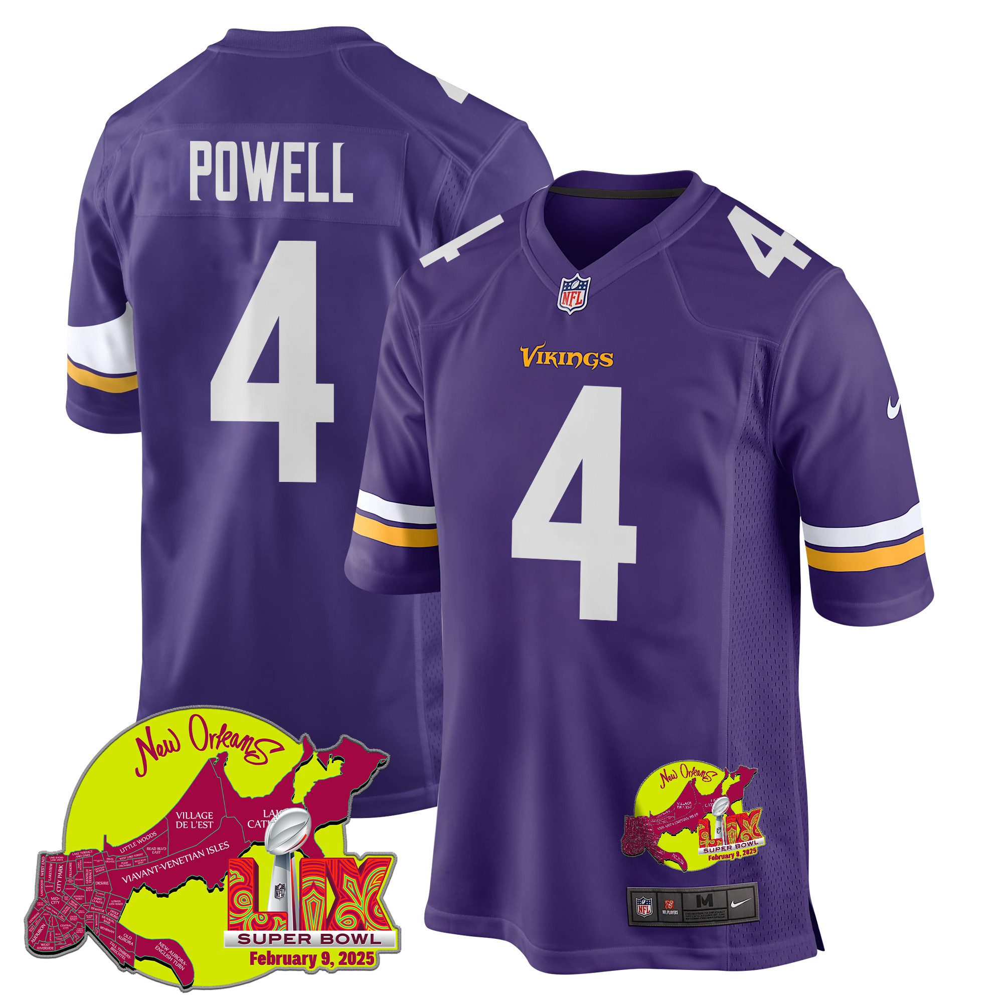 NFL Brandon Powell 4 Minnesota Vikings Super Bowl LIX New Orleans Patch Game Men Jersey – Purple