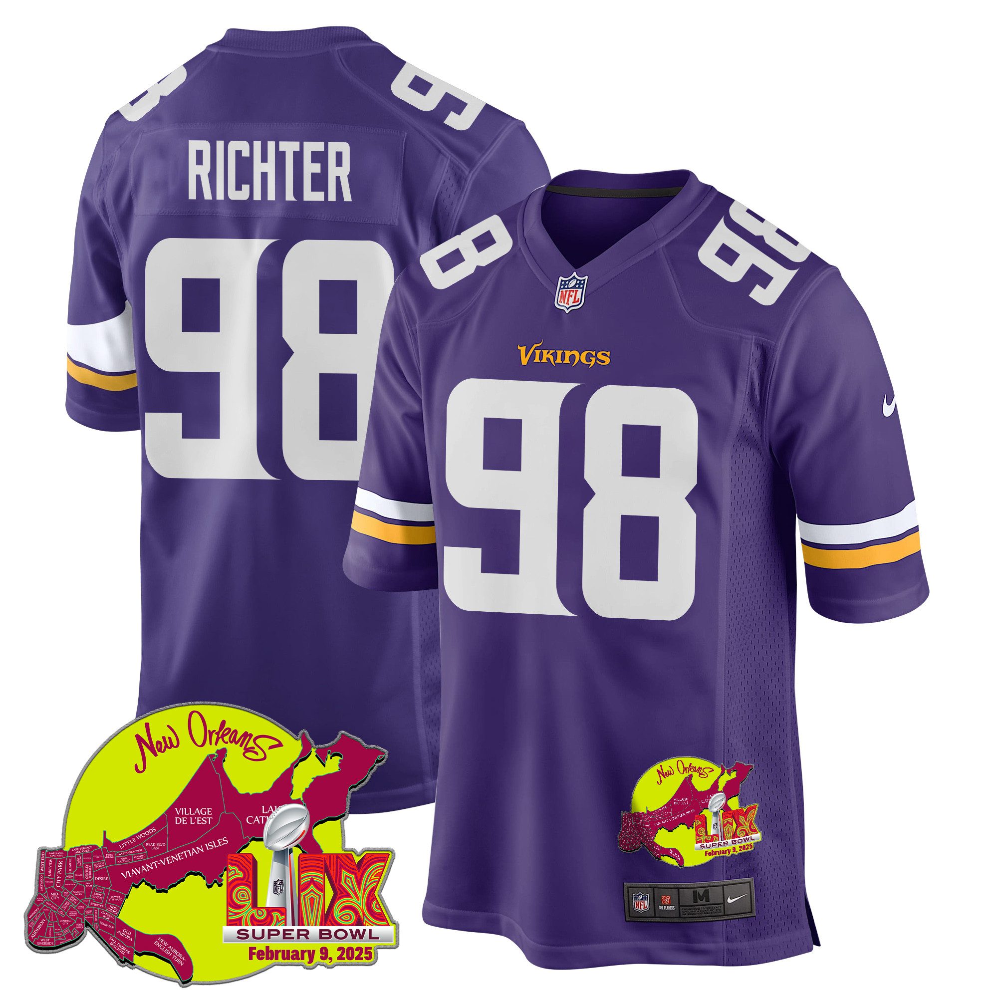 NFL Bo Richter 98 Minnesota Vikings Super Bowl LIX New Orleans Patch Game Men Jersey – Purple