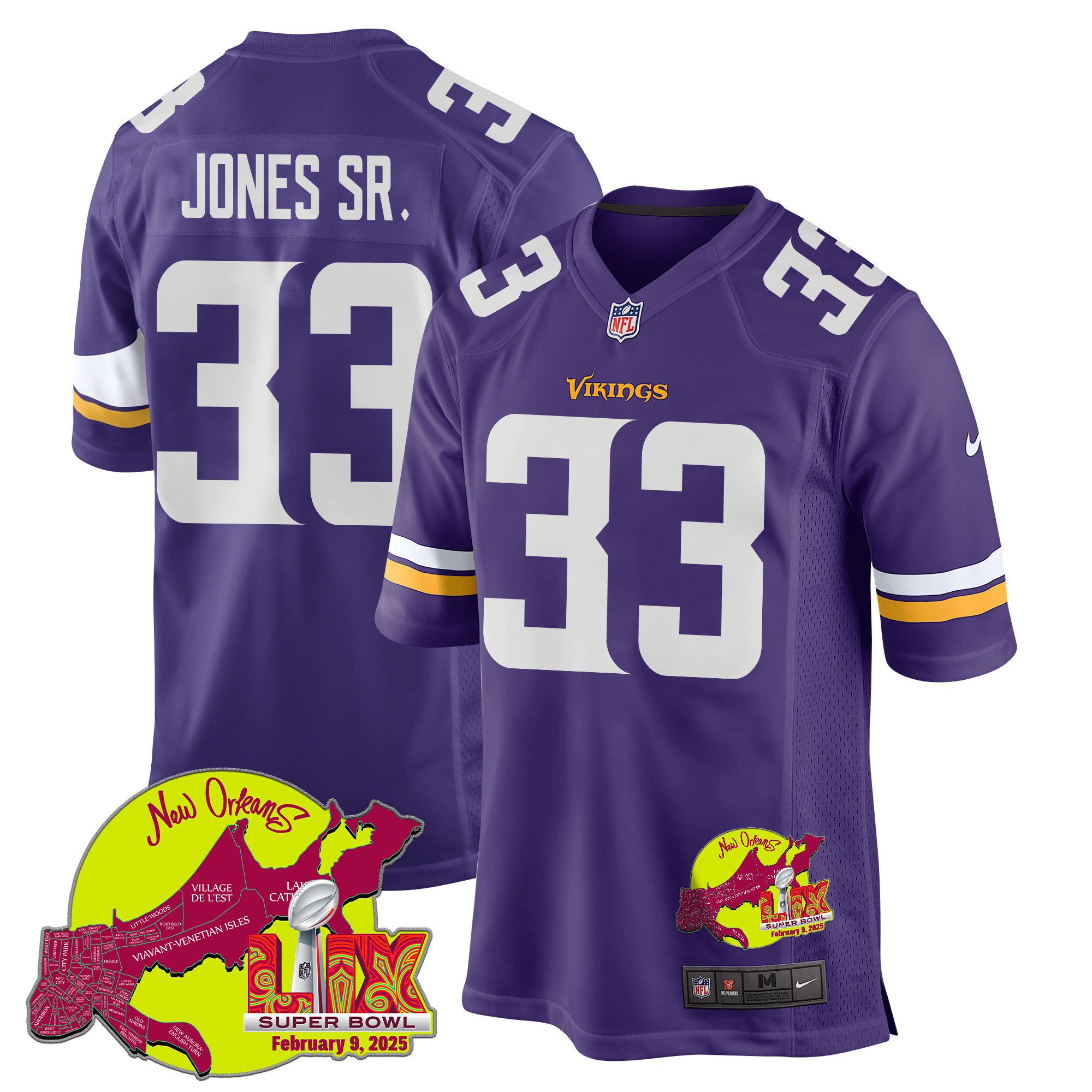 NFL Aaron Jones Sr. 33 Minnesota Vikings Super Bowl LIX New Orleans Patch Game Men Jersey – Purple