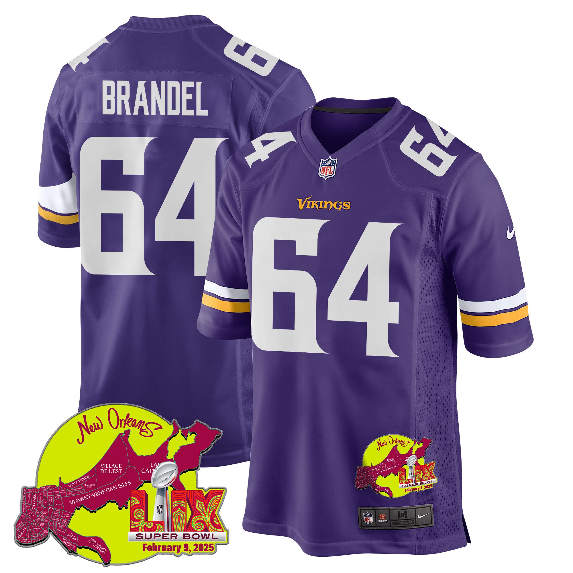 NFL Blake Brandel 64 Minnesota Vikings Super Bowl LIX New Orleans Patch Game Men Jersey – Purple