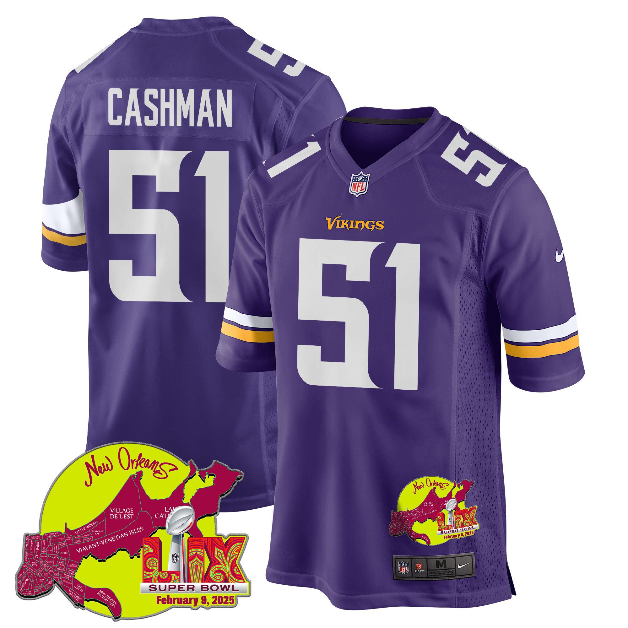 NFL Blake Cashman 51 Minnesota Vikings Super Bowl LIX New Orleans Patch Game Men Jersey – Purple
