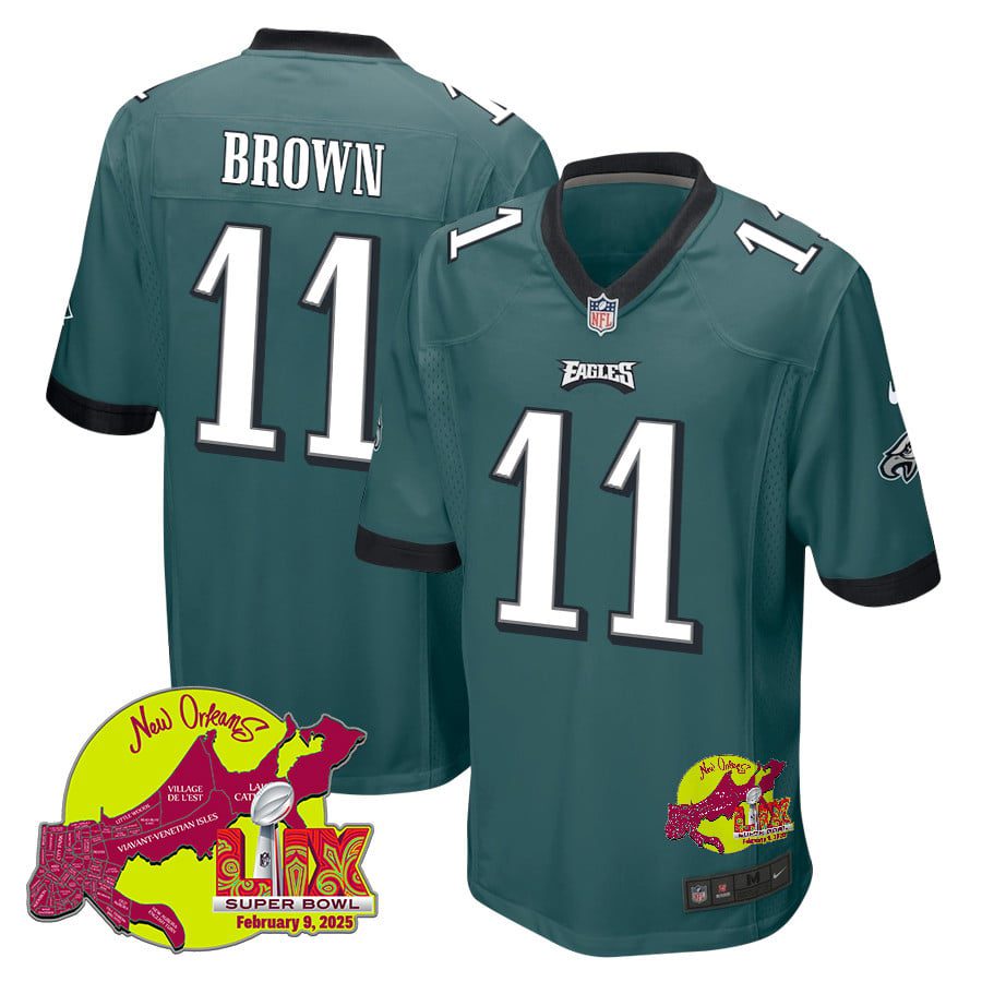 NFL A.J. Brown 11 Philadelphia Eagles Super Bowl LIX New Orleans Patch Game Men Jersey – Midnight Green