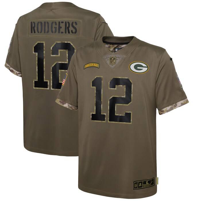 NFL Aaron Rodgers Green Bay Packers Youth 2022 Salute To Service Player Limited Jersey – Olive