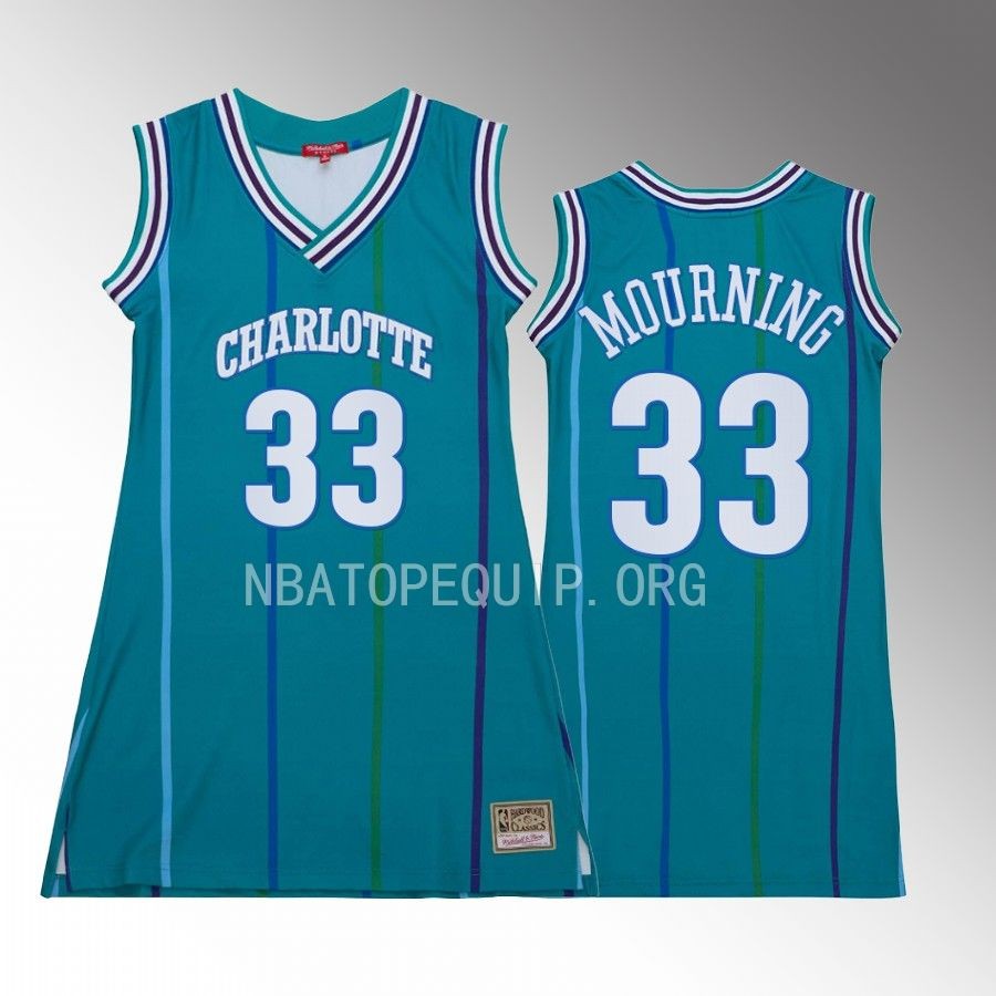Alonzo Mourning Charlotte Hornets #33 Hardwood Classics Jersey Teal Women