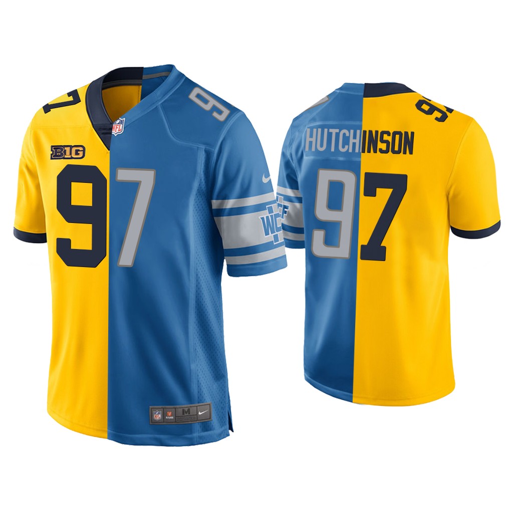 NFL Aidan Hutchinson Detroit Lions Blue Maize 2022 NFL Draft Split Game Jersey