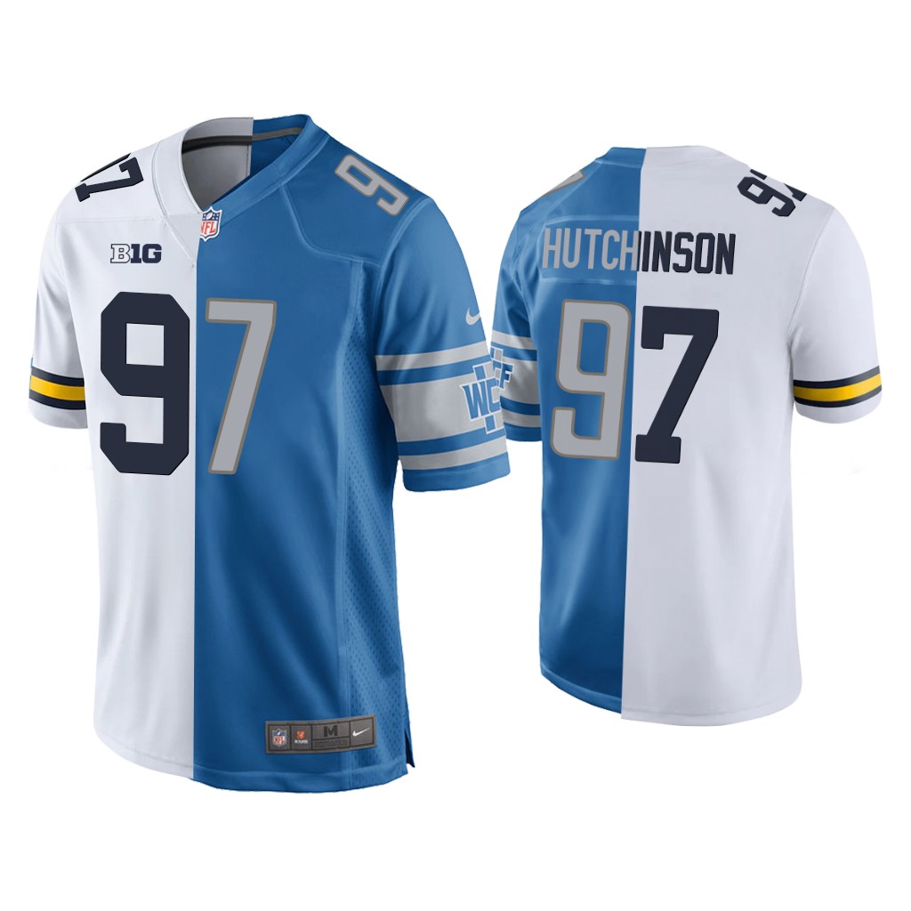 NFL Aidan Hutchinson Detroit Lions Blue White 2022 NFL Draft Split Game Jersey