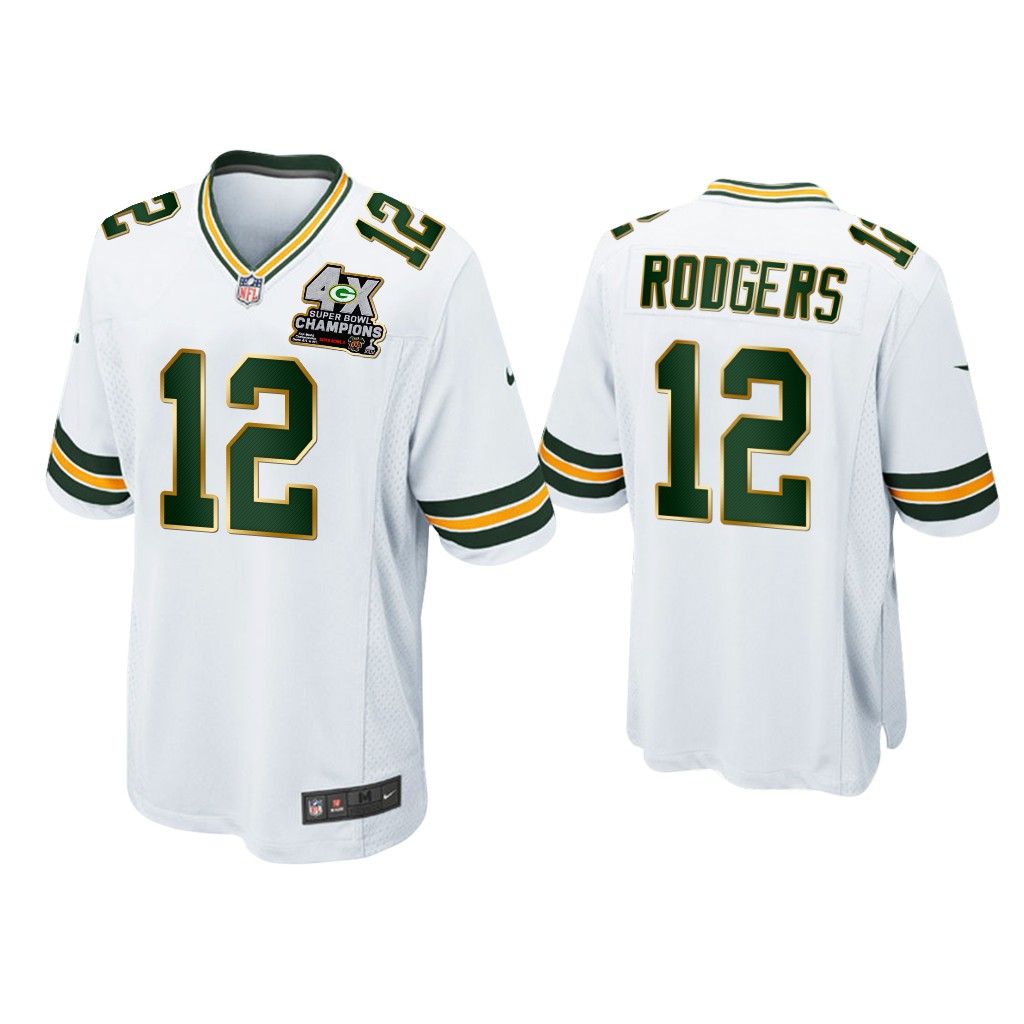NFL Aaron Rodgers Green Bay Packers White 4X Super Bowl Champions Patch Game Jersey