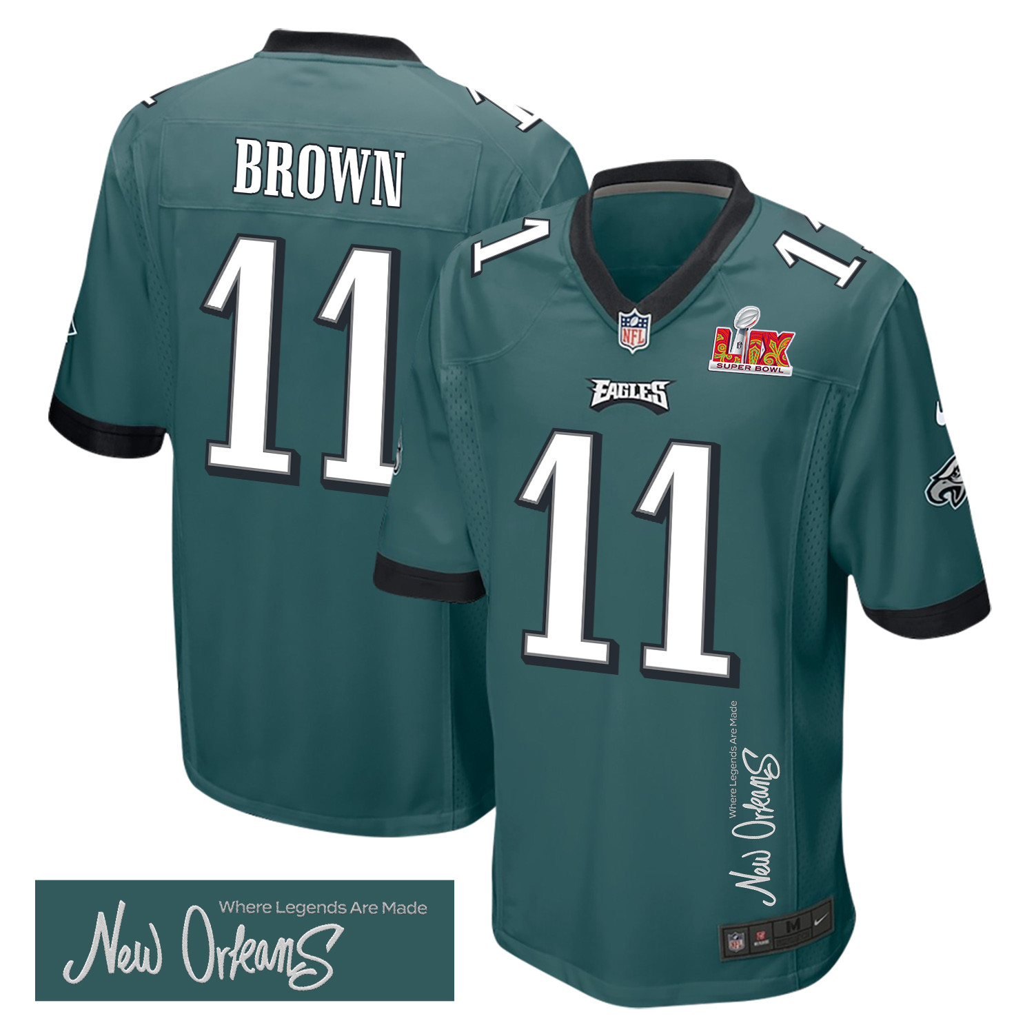 NFL A.J. Brown 11 Philadelphia Eagles Super Bowl LIX ‘New Orleans – Where Legends Are Made’ Game Men Jersey – Midnight Green