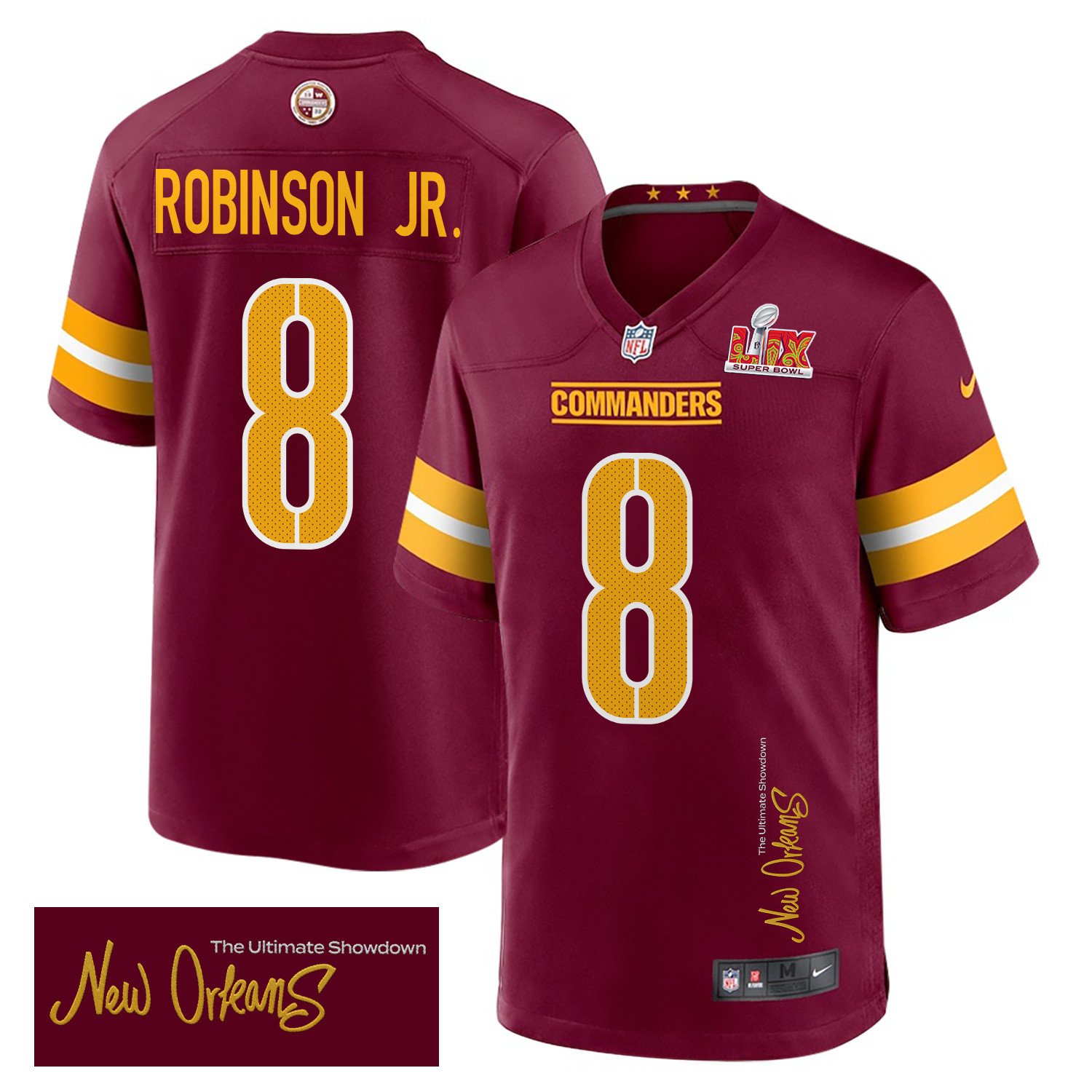 NFL Brian Robinson Jr. 8 Washington Commanders Super Bowl LIX ‘New Orleans – The Ultimate Showdown’ Game Men Jersey – Burgundy