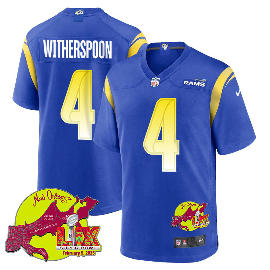 NFL Ahkello Witherspoon 4 Los Angeles Rams Super Bowl LIX New Orleans Patch Game Men Jersey – Royal