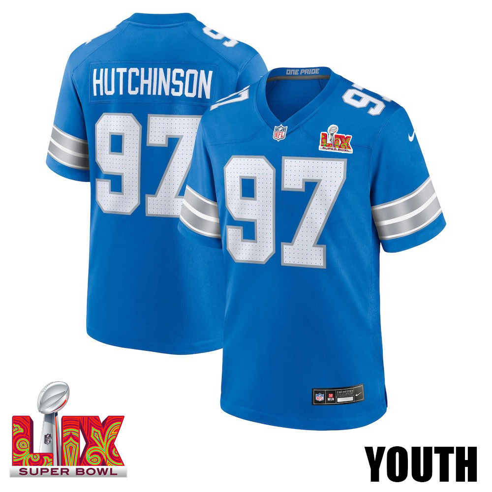 NFL Aidan Hutchinson #97 Detroit Lions Super Bowl LIX Youth Jersey – Blue