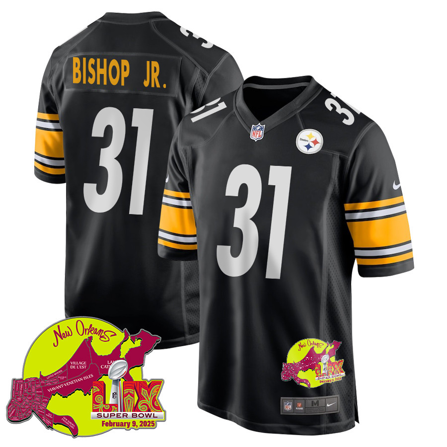 Beanie Bishop Jr. 31 Pittsburgh Steelers Super Bowl LIX New Orleans Patch Game Men Jersey – Black