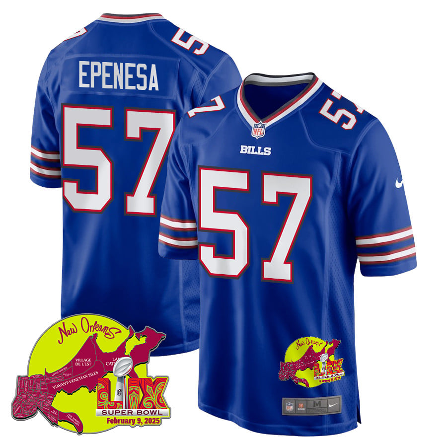 NFL A.J. Epenesa 57 Buffalo Bills Super Bowl LIX New Orleans Patch Game Men Jersey – Royal