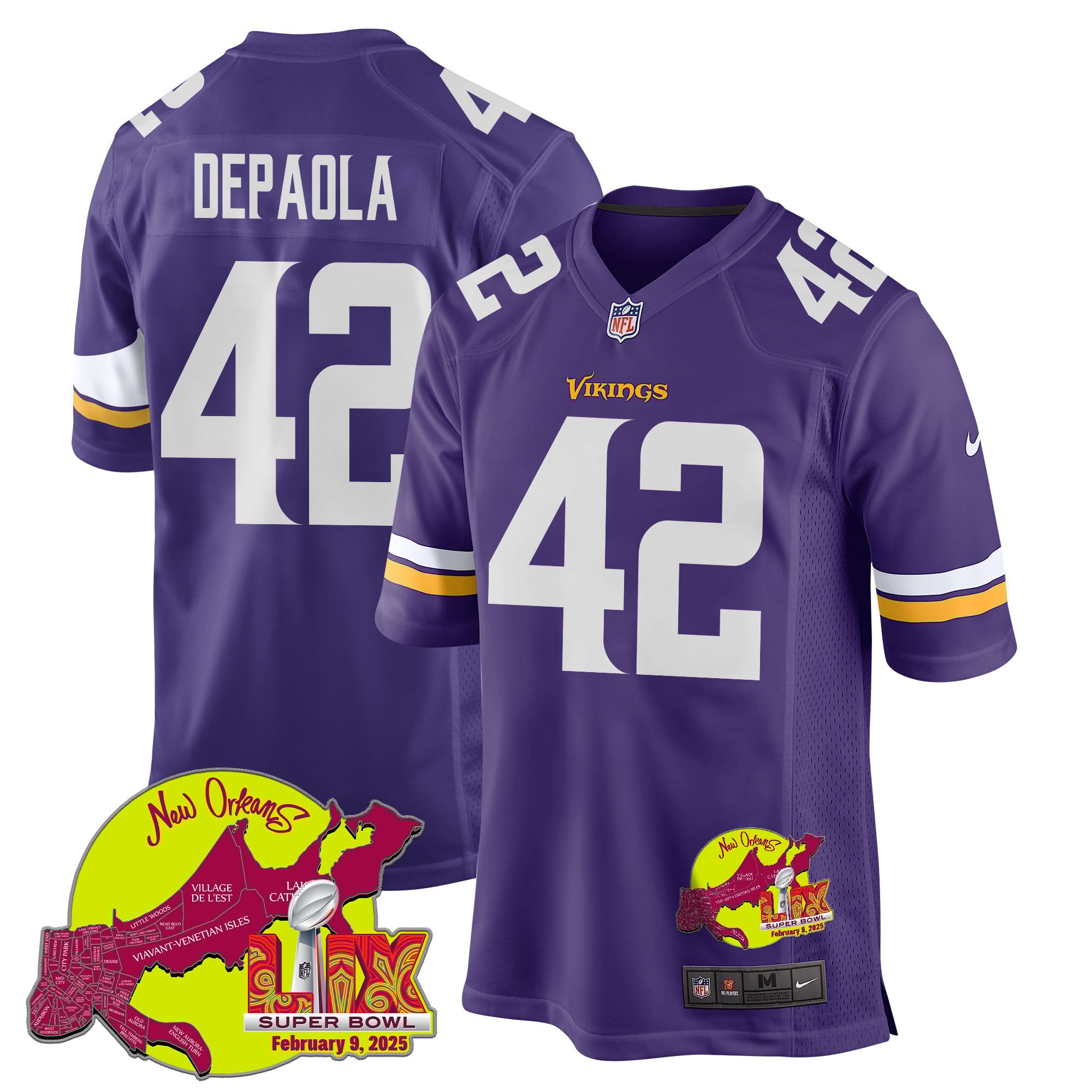 NFL Andrew DePaola 42 Minnesota Vikings Super Bowl LIX New Orleans Patch Game Men Jersey – Purple