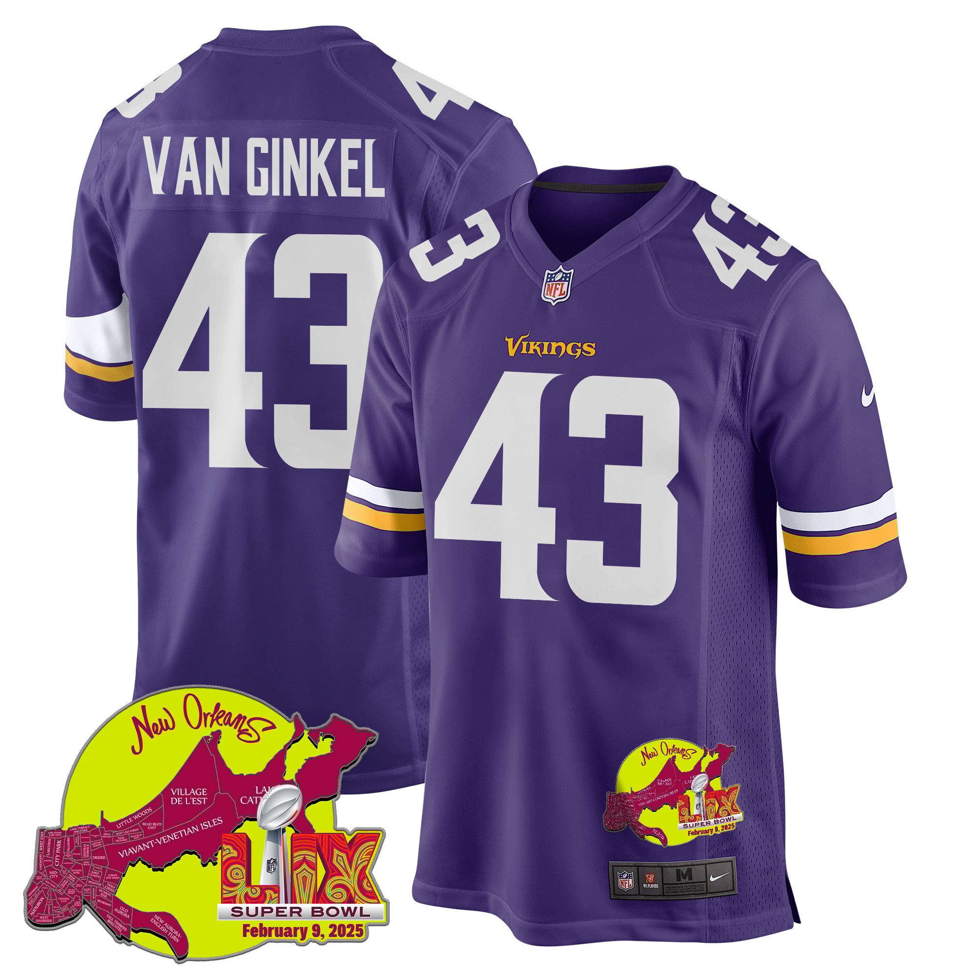 NFL Andrew Van Ginkel 43 Minnesota Vikings Super Bowl LIX New Orleans Patch Game Men Jersey – Purple