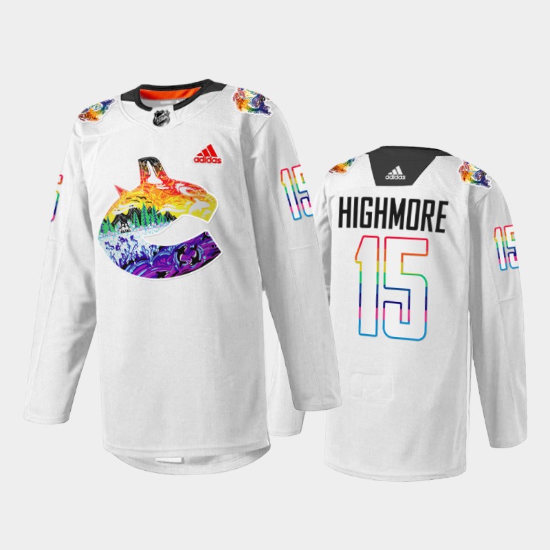 Men Matthew Highmore Vancouver Canucks Pride Night Jersey White #15 Mio Artwork Warmup