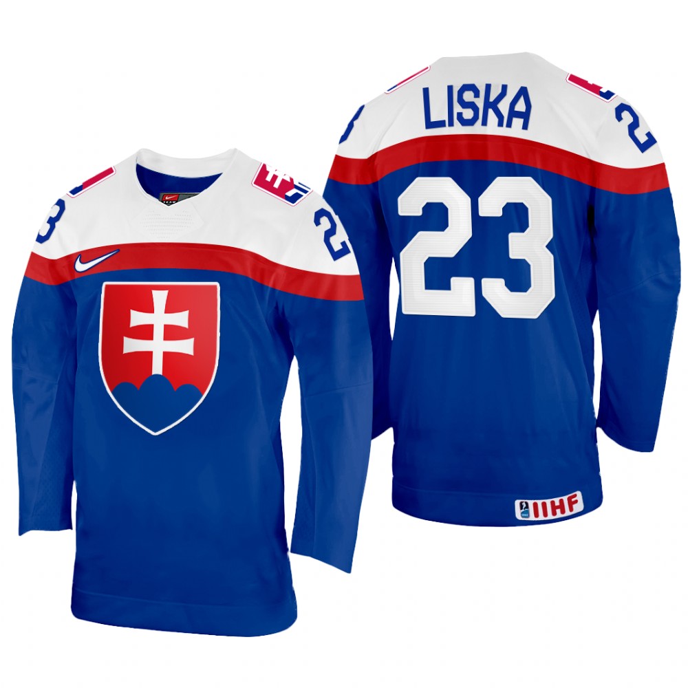 Men Adam Liska Slovakia Hockey Blue Away Jersey 2022 IIHF World Championship