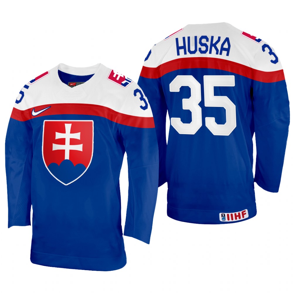 Men Adam Huska Slovakia Hockey Blue Away Jersey 2022 IIHF World Championship