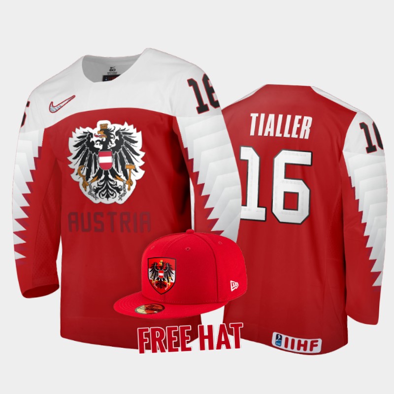 Men Austria Hockey Christoph Tialler 2022 IIHF World Junior Championship Red #16 Jersey Free Hat