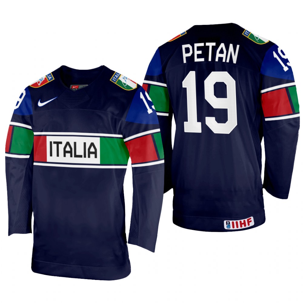 Men Alex Petan Italy Hockey Navy Away Jersey 2022 IIHF World Championship