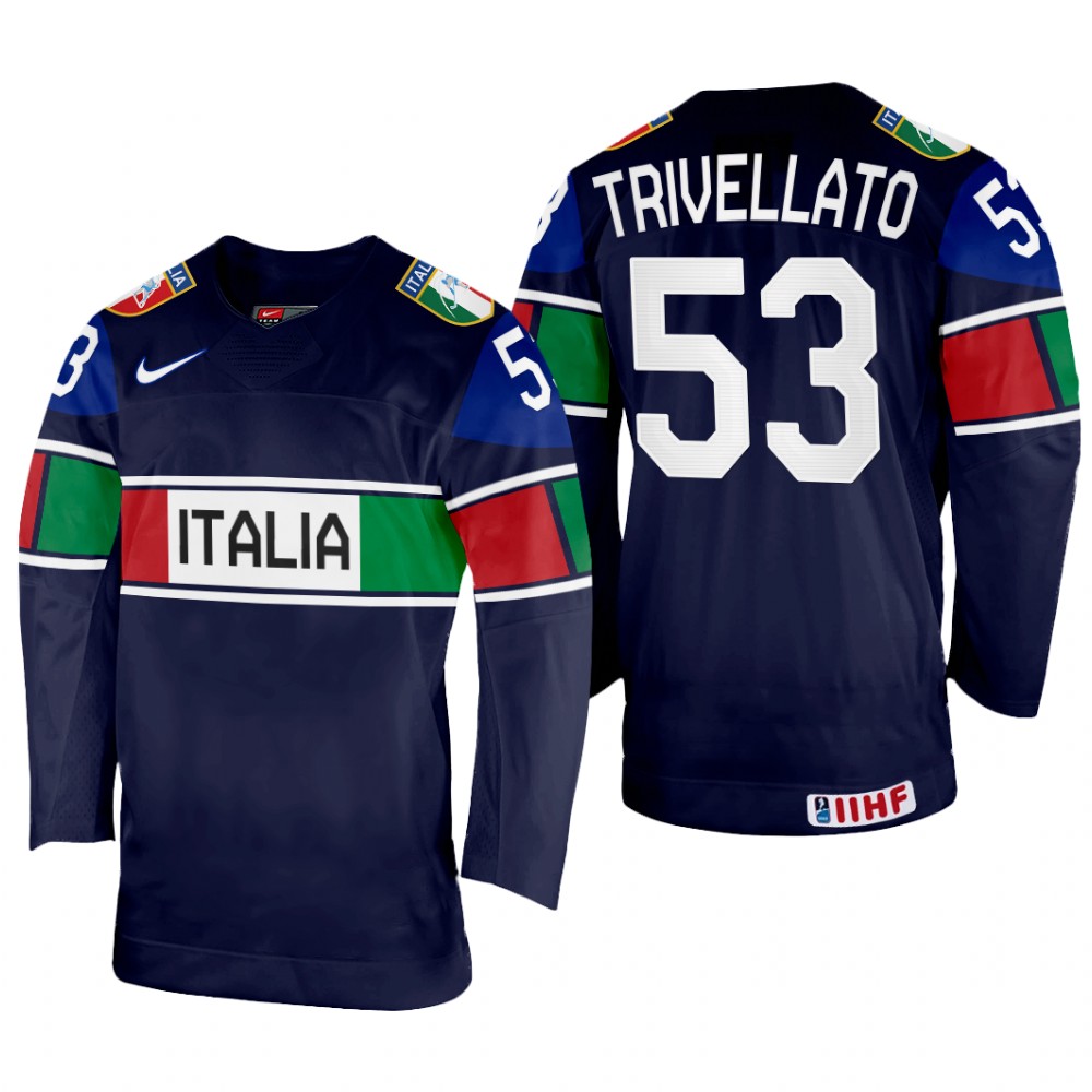 Men Alex Trivellato Italy Hockey Navy Away Jersey 2022 IIHF World Championship
