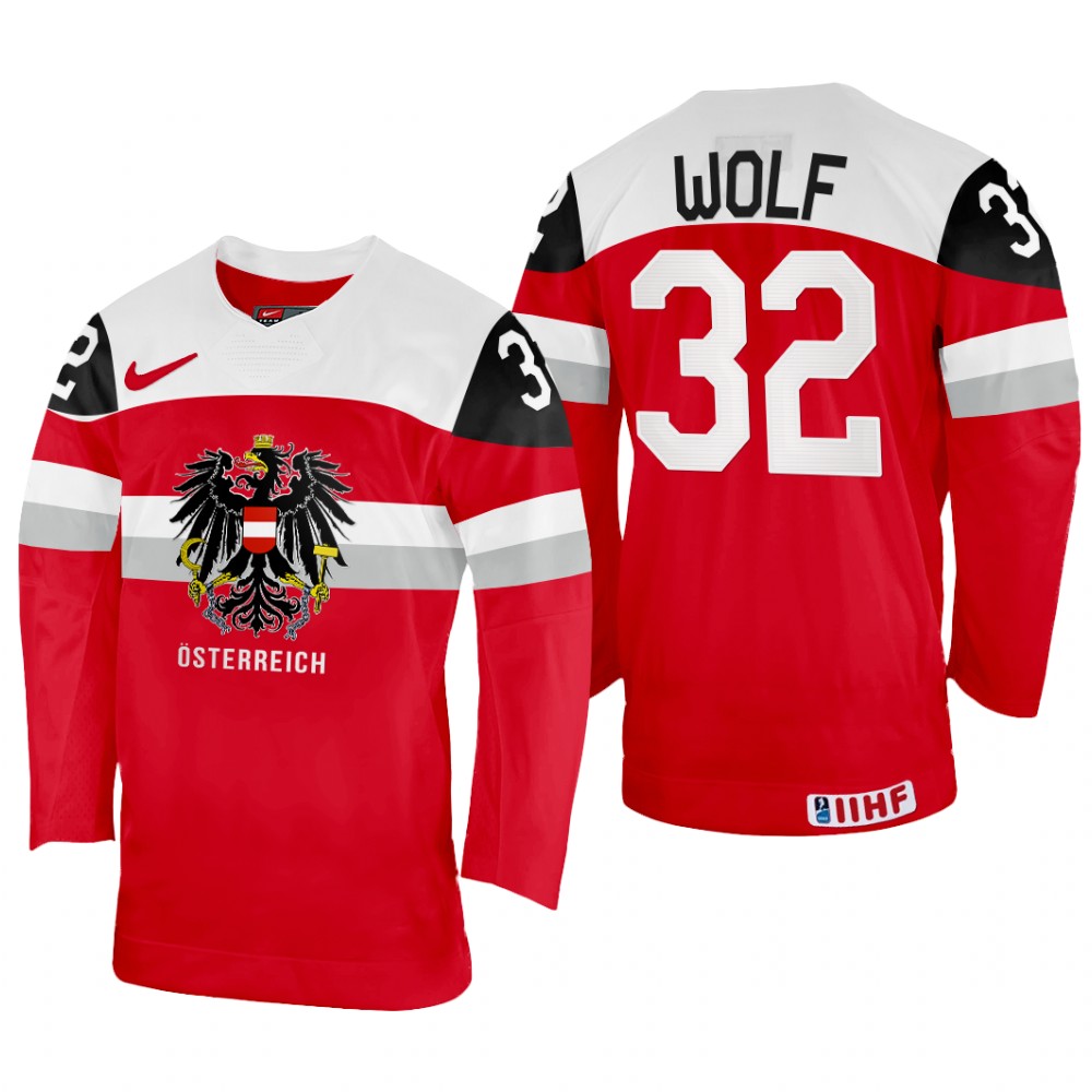 Men Austria Hockey Bernd Wolf 2022 IIHF World Championship Red #32 Jersey Away