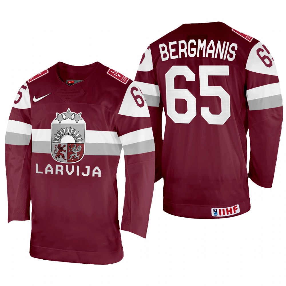 Men Arvils Bergmanis Latvia Hockey Maroon Away Jersey 2022 IIHF World Championship